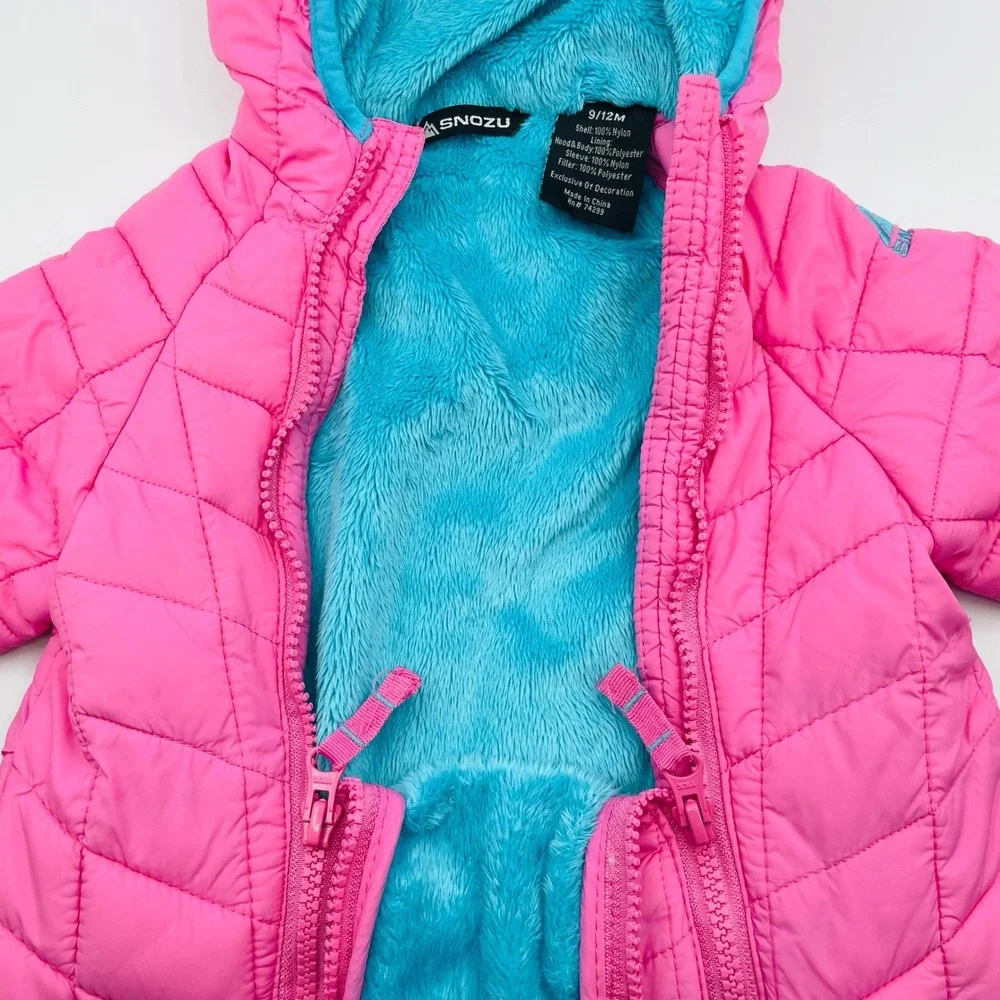 EUC Snozu Baby Pink Quilted Snowsuit Bunting Hooded Zip Cozy Sherpa Lined9-12 Mo